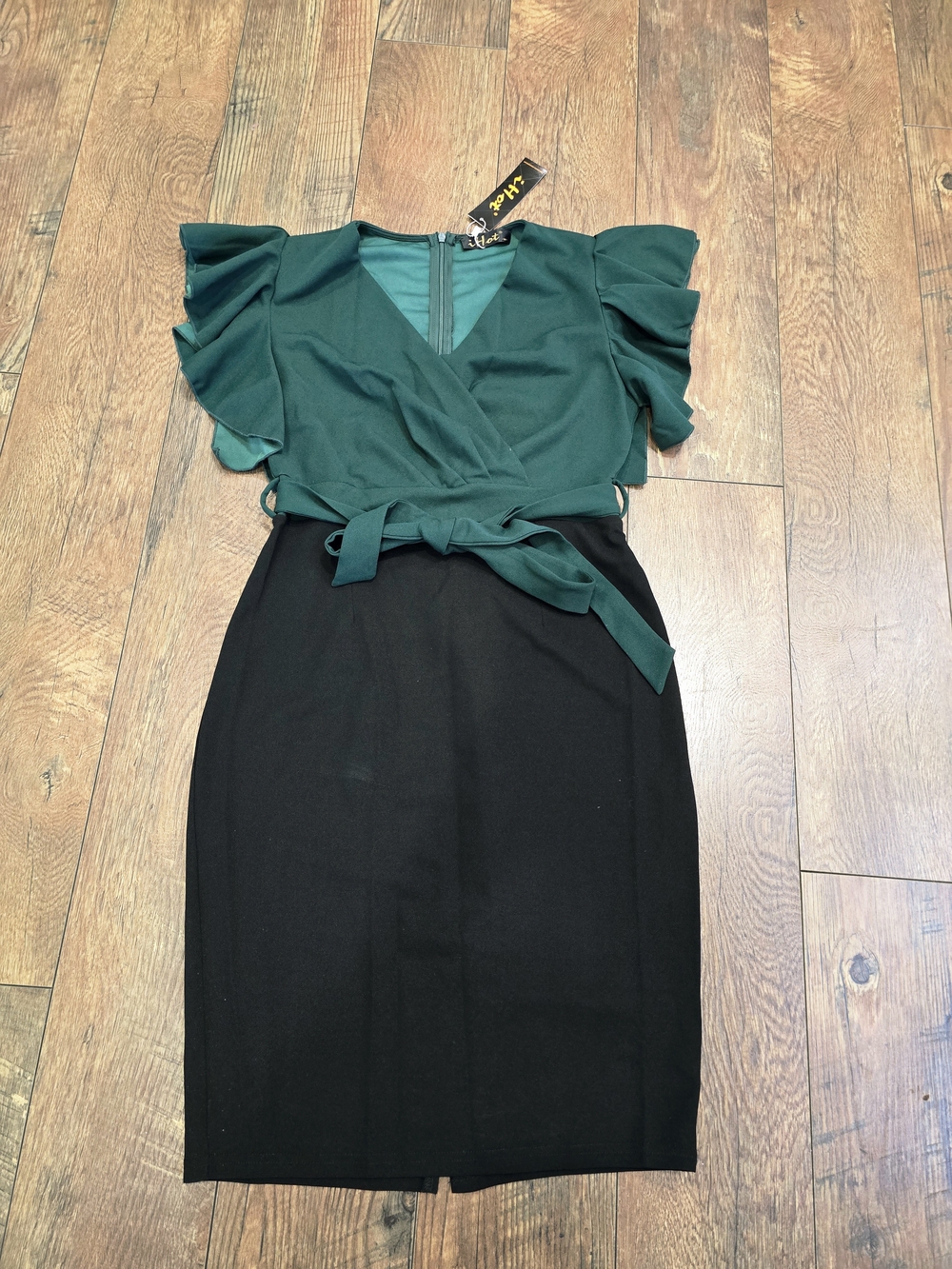 Waist-Tie Green and Black Wrap Sheath Dress